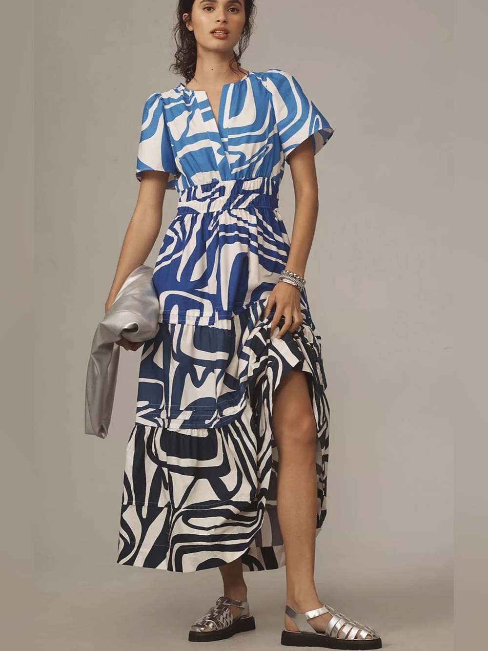 Anthropologie Blue and White Abstract Maxi Dress